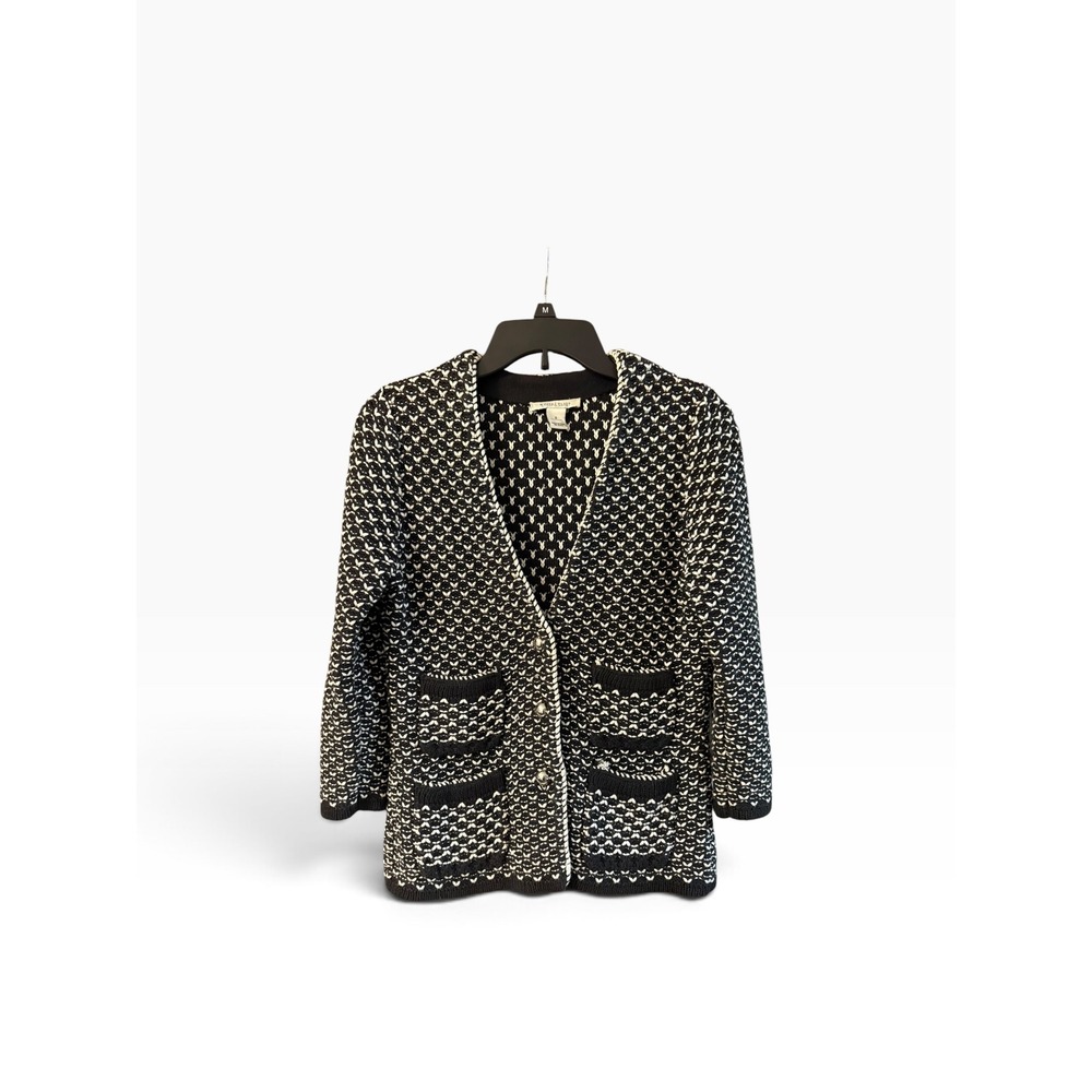 White House Black Market Womens Black White Textured Knit Cardigan Sweater S